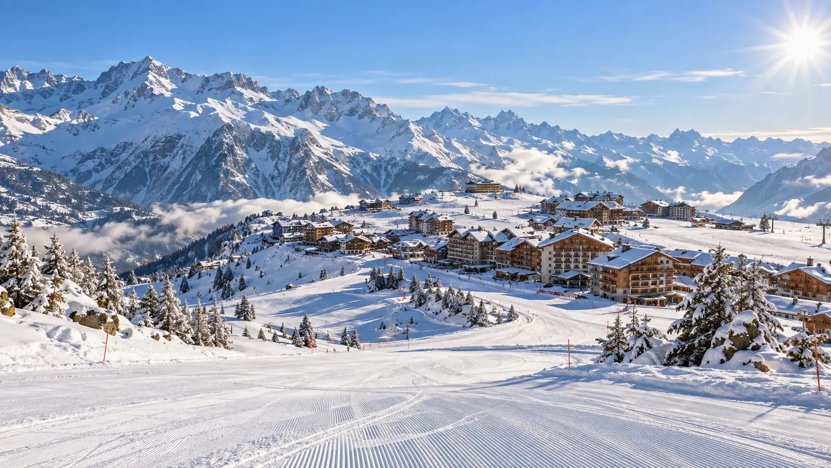 Photorealistic illustrative sunny high-altitude Isère ski resort, not a photograph of Alpe d’Huez