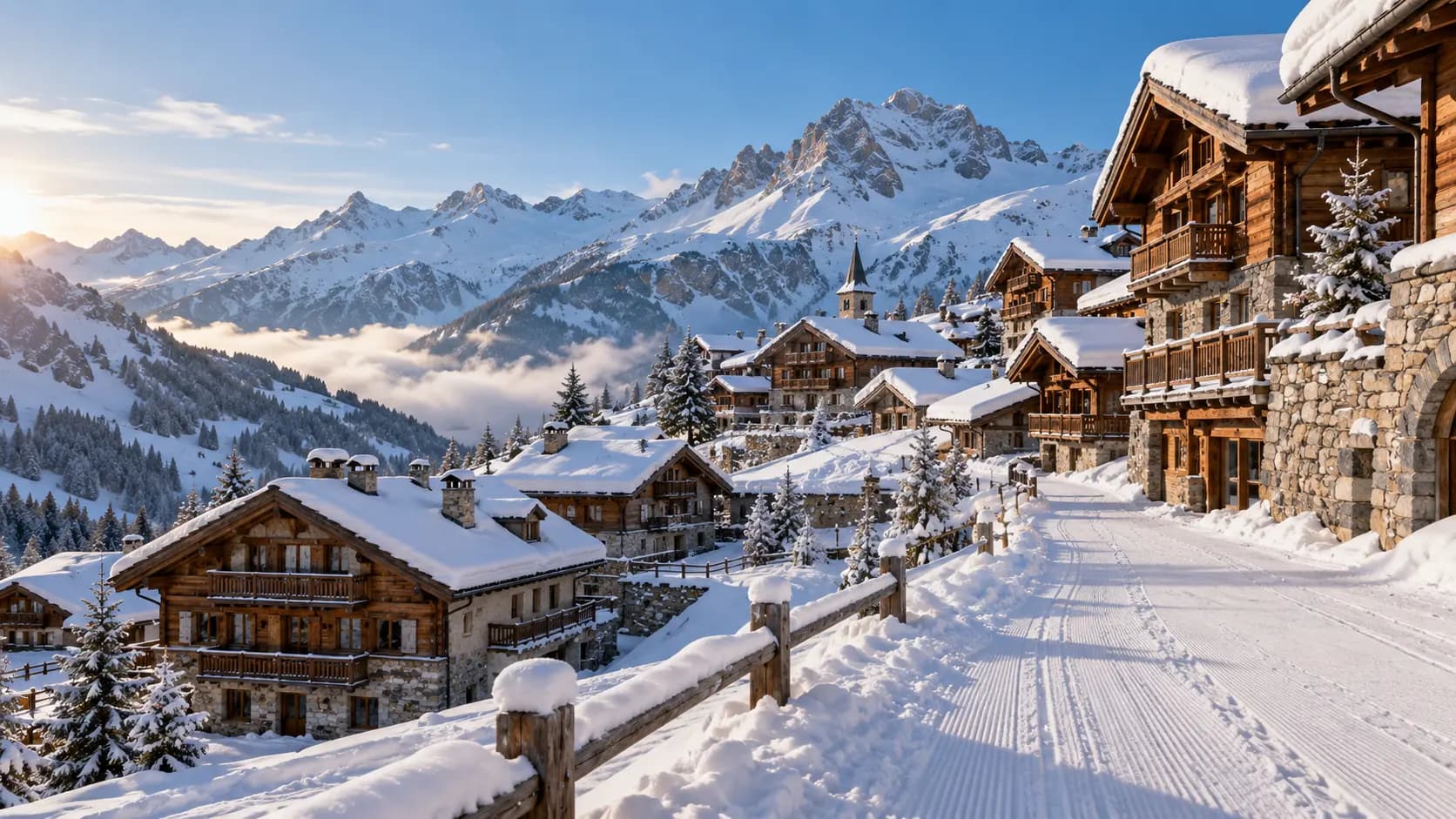Photorealistic illustrative high-altitude car-free Alpine ski village, not a photograph of Avoriaz