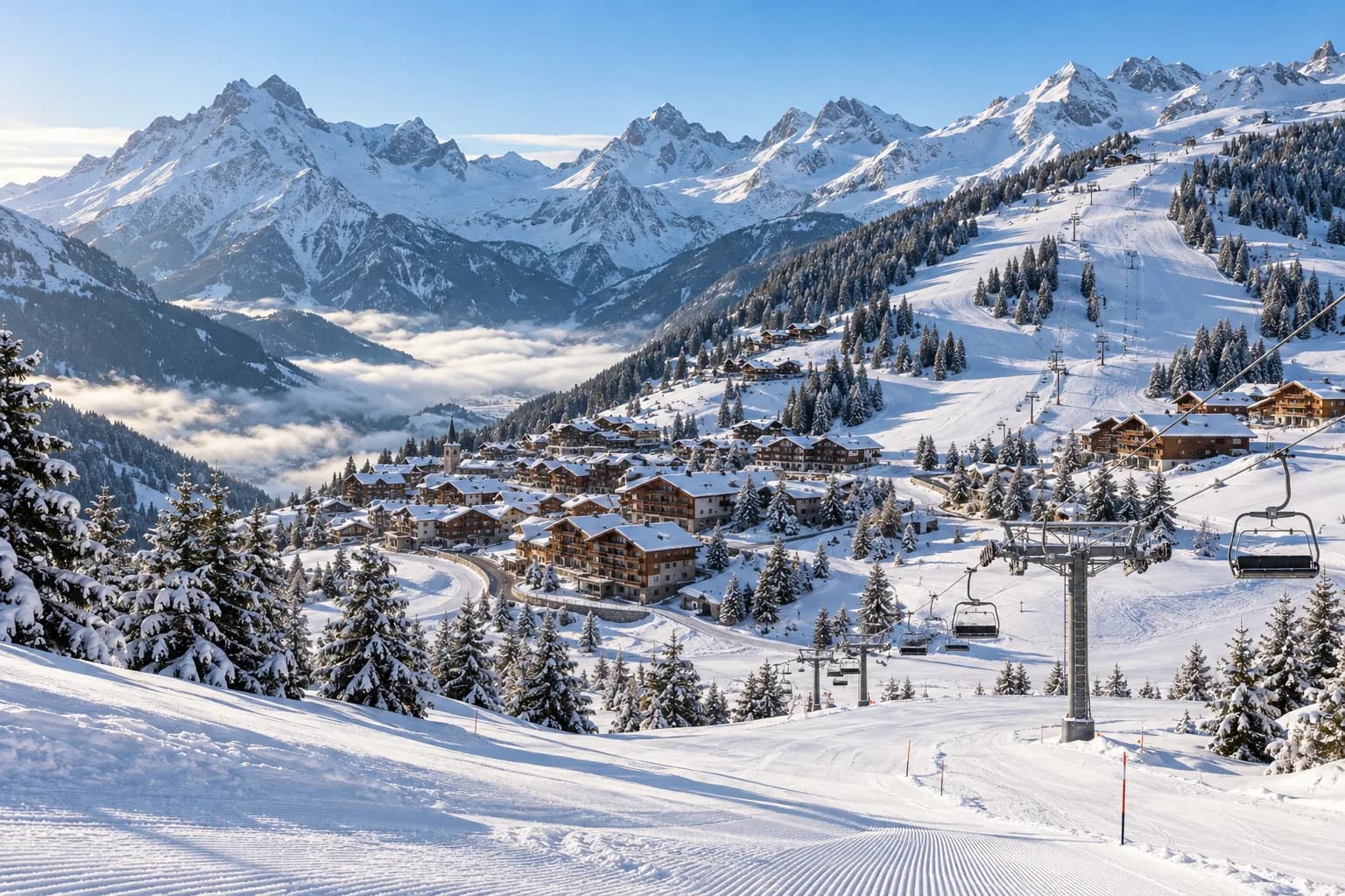 Photorealistic illustrative Alpine winter landscape; not an actual photograph of Tignes