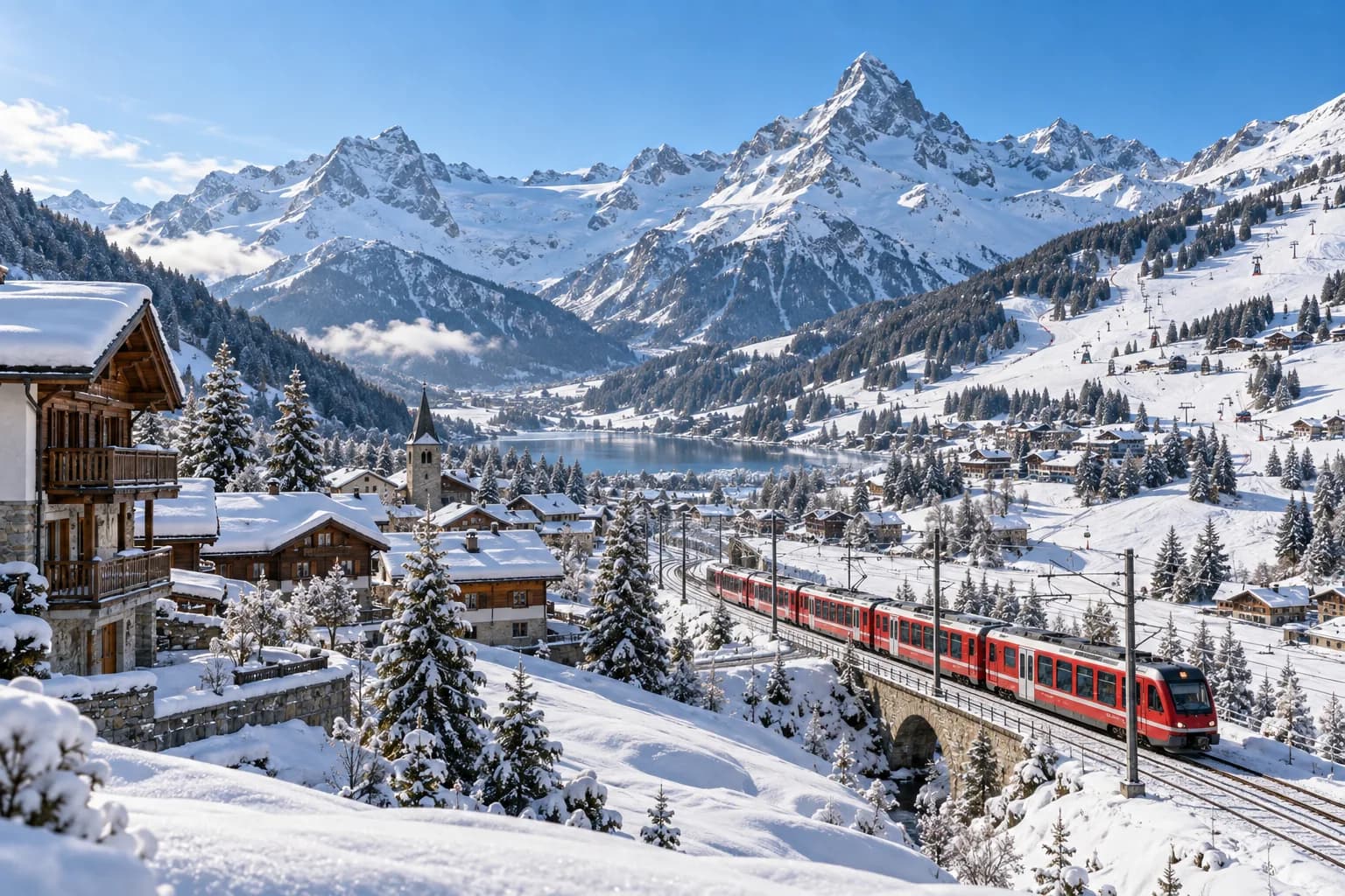 Photorealistic illustrative Alpine winter landscape; not an actual photograph of Grindelwald