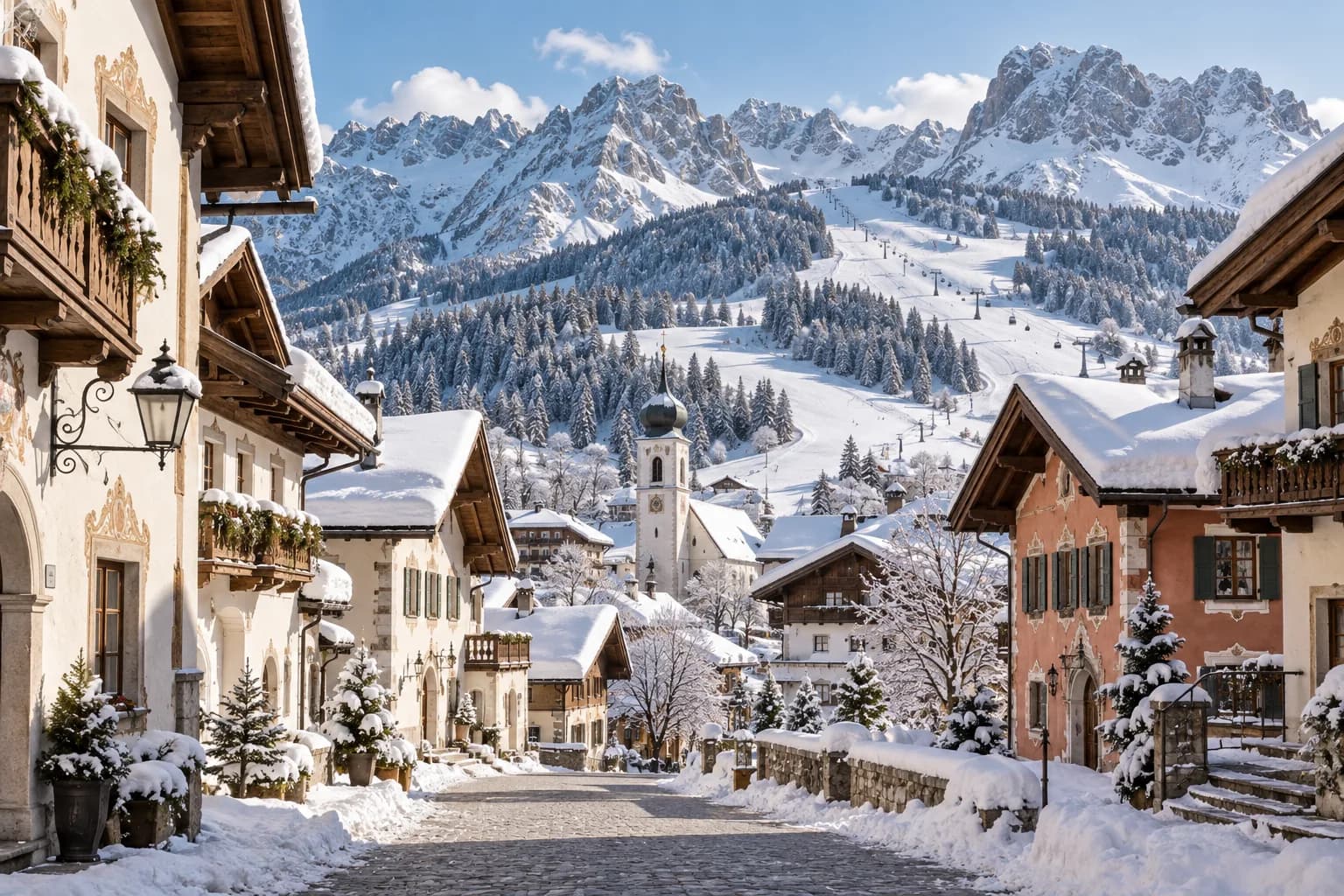 Photorealistic illustrative winter Alpine village; not a photograph of SkiWelt Wilder Kaiser–Brixental