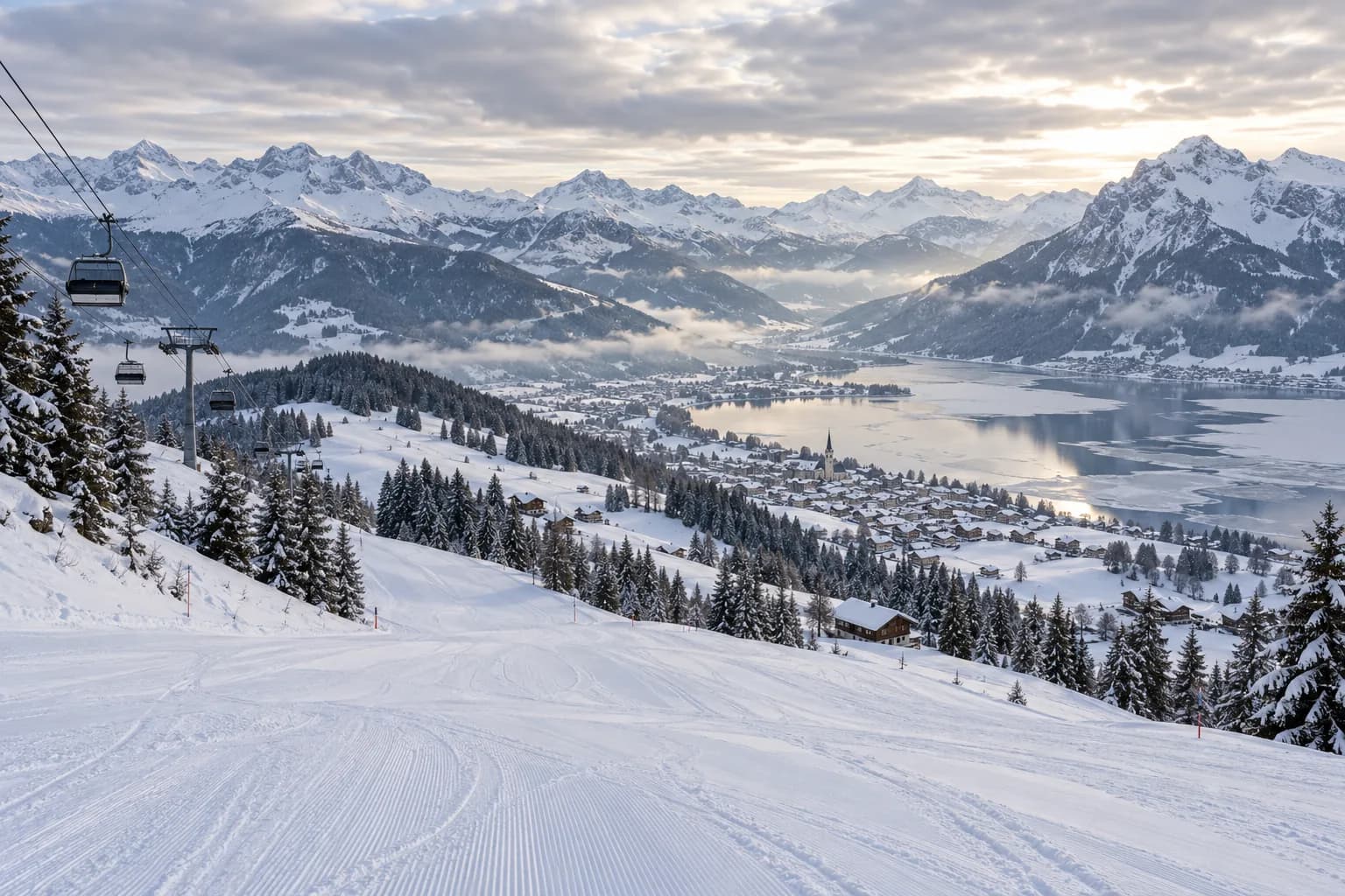 Photorealistic illustrative winter Alpine village; not a photograph of Saalbach-Hinterglemm