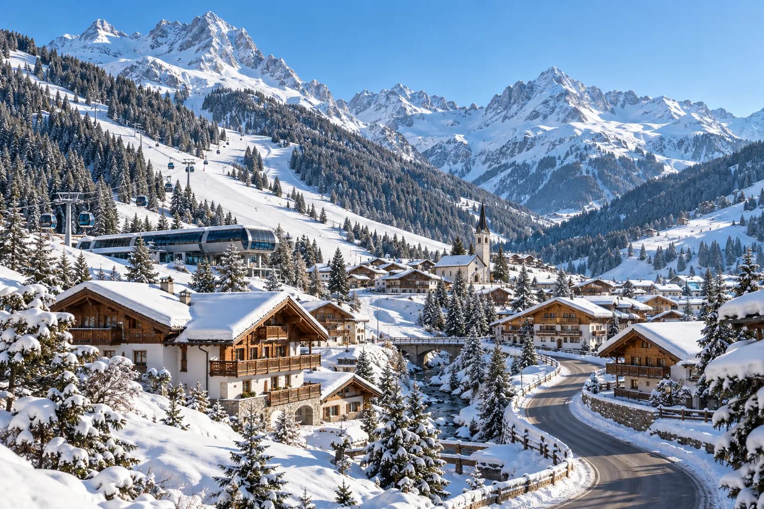 Photorealistic illustrative winter Alpine village; not a photograph of Ischgl