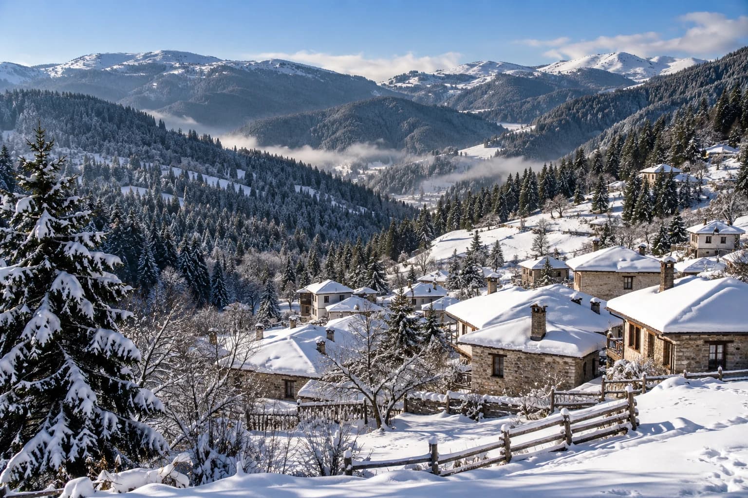 Photorealistic regional winter landscape illustration for Pamporovo; not a documentary resort photograph