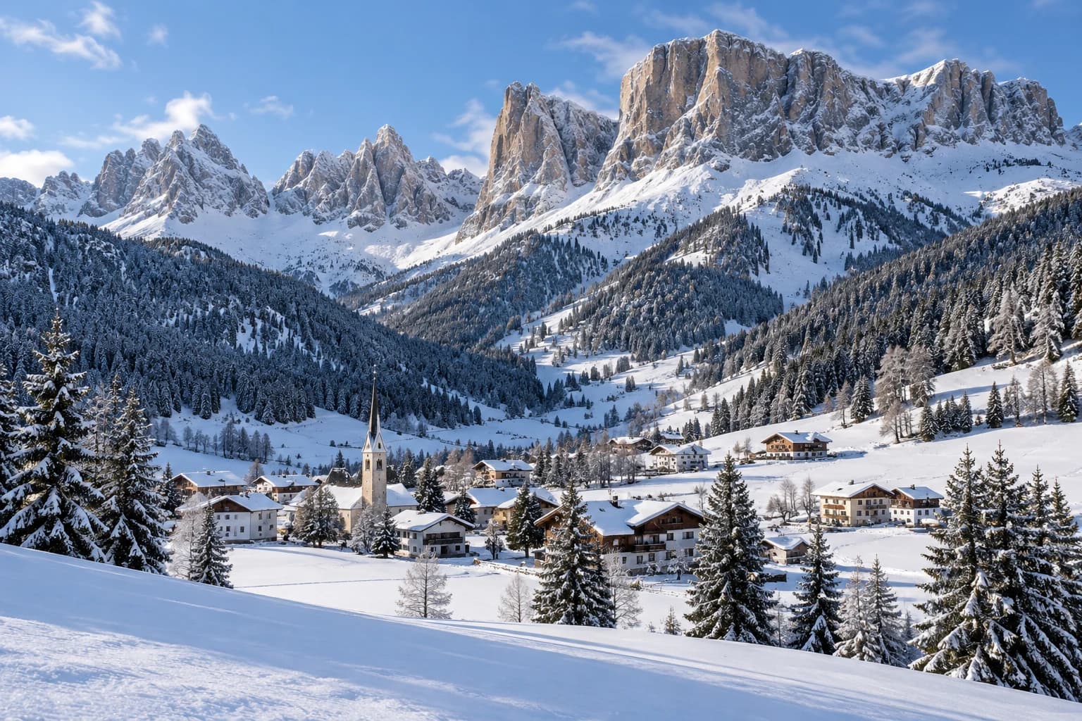 Photorealistic regional winter landscape illustration for Arabba; not a documentary resort photograph
