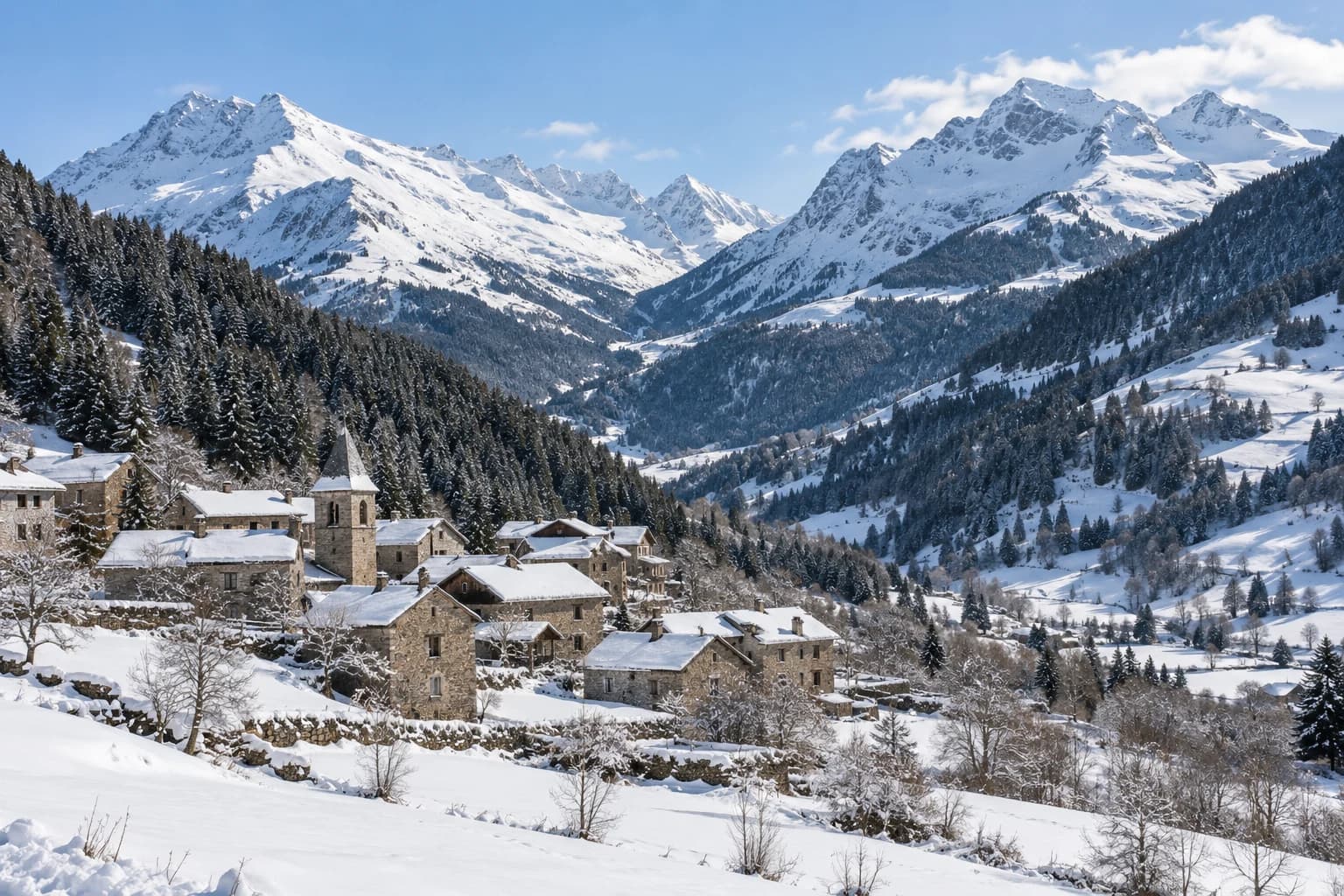 Photorealistic regional winter landscape illustration for Baqueira Beret; not a documentary resort photograph