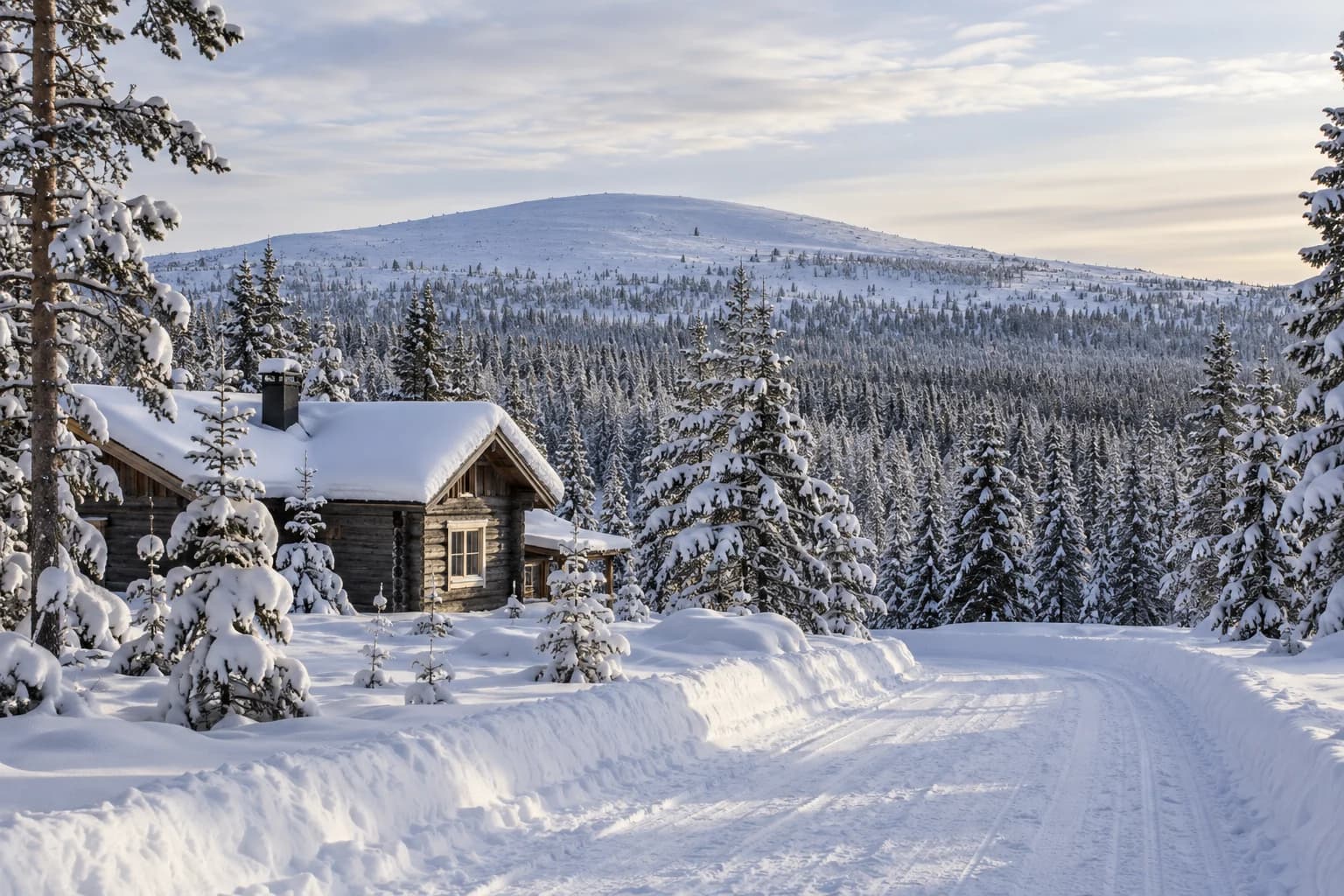 Photorealistic regional winter landscape illustration for Pallas; not a documentary resort photograph