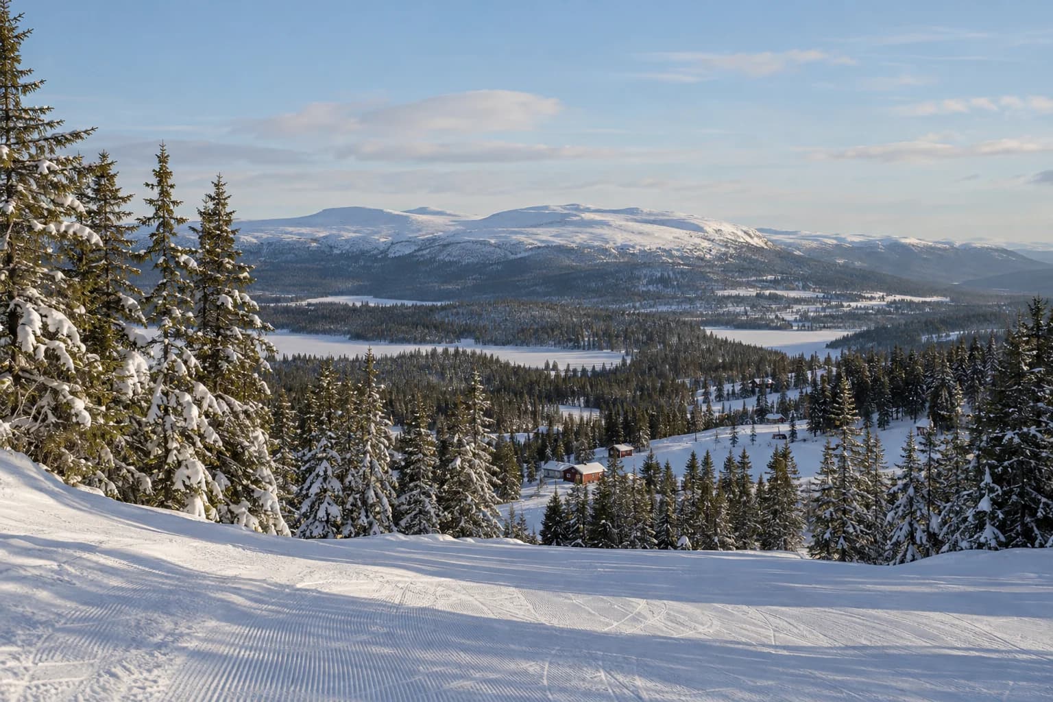 Photorealistic regional winter landscape illustration for Åre; not a documentary resort photograph