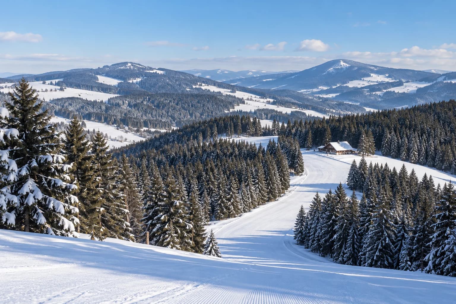 Photorealistic regional winter landscape illustration for Feldberg; not a documentary resort photograph