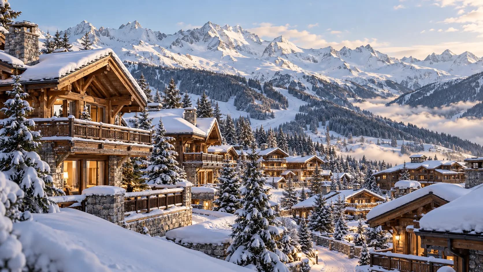 Photorealistic illustrative French Alpine chalet village and winter mountains, not a photograph of Courchevel