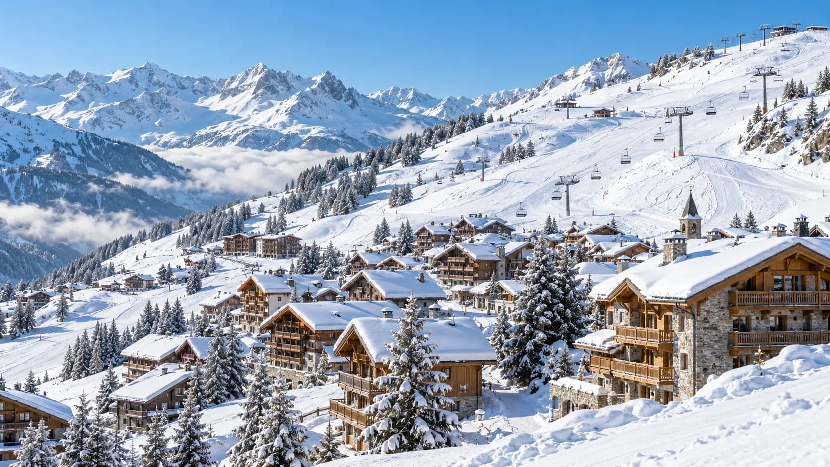 Photorealistic illustrative high-altitude Savoie ski village, not a photograph of La Plagne