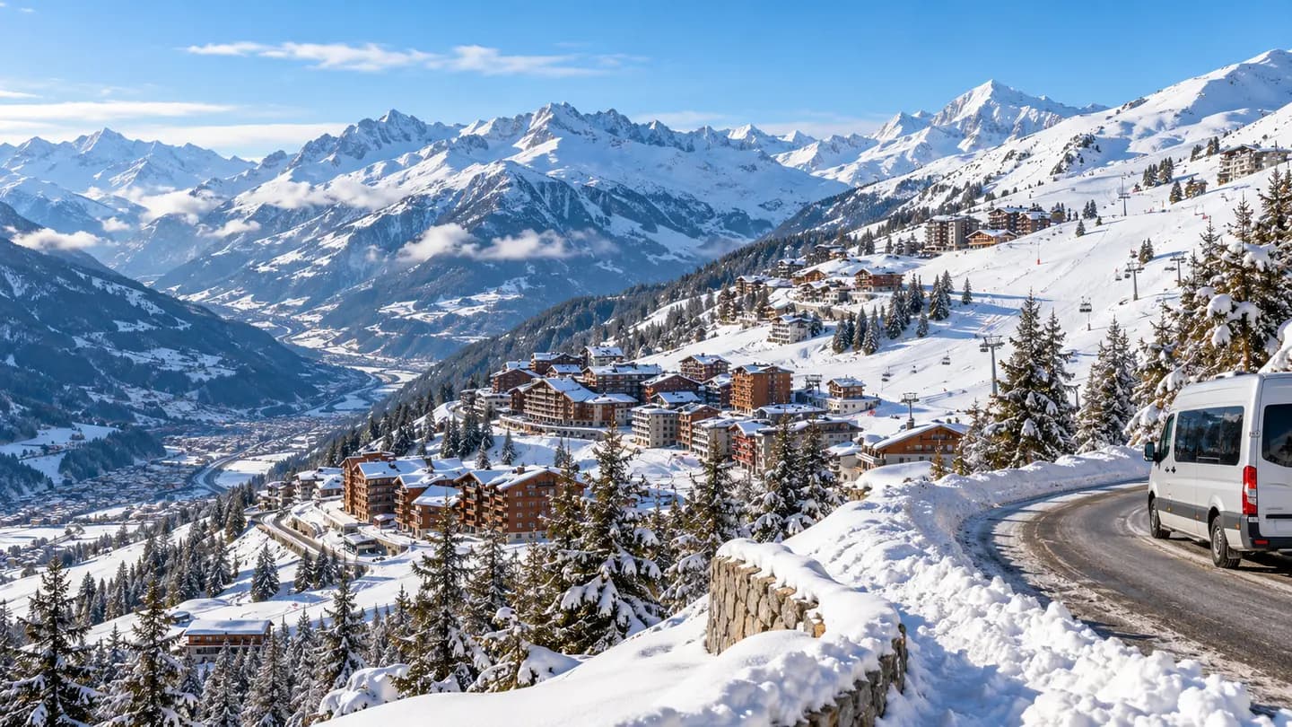 Photorealistic illustrative Alpine winter landscape; not a documentary photograph of Les Arcs