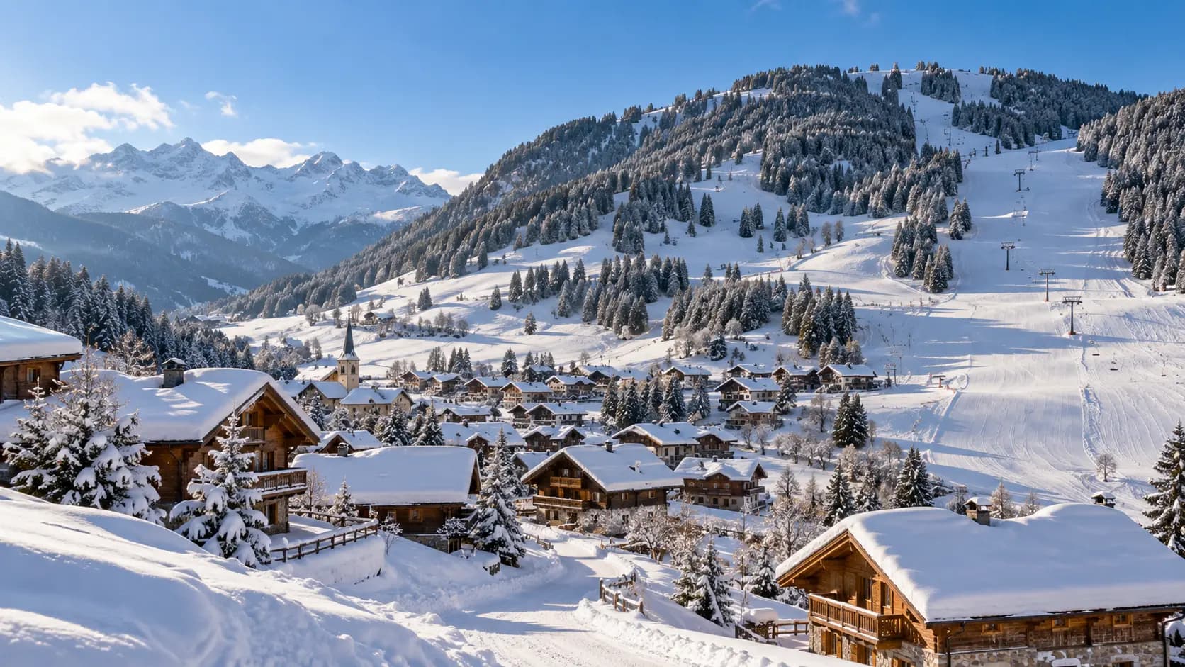 Photorealistic illustrative snow-covered Haute-Savoie ski village and slopes, not a photograph of Les Gets