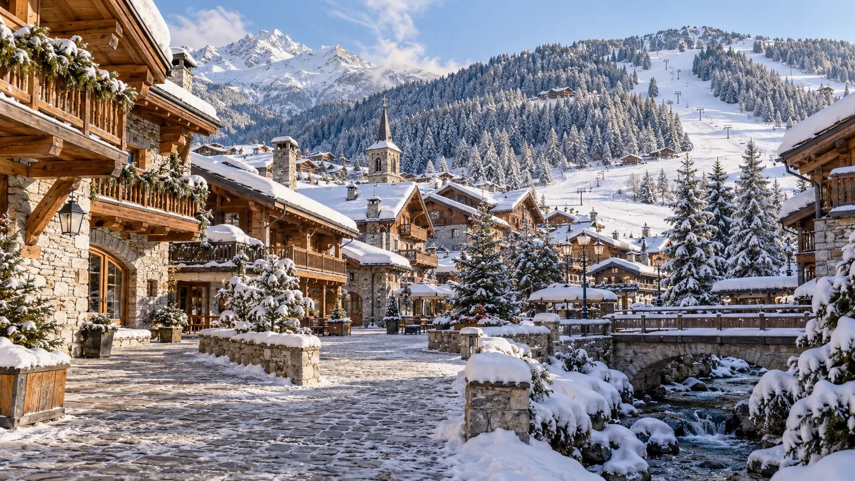 Photorealistic illustrative winter chalet village in Haute-Savoie, not a photograph of Megève