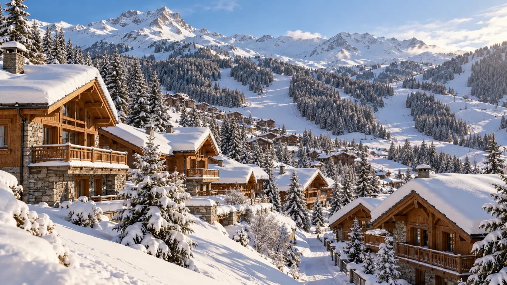 Photorealistic illustrative Savoie ski village among conifers, not a photograph of Méribel