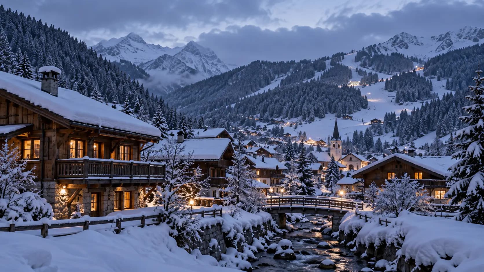 Photorealistic illustrative winter village in the Haute-Savoie Alps, not a photograph of Morzine