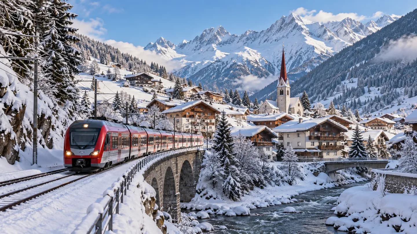 Photorealistic illustrative Alpine winter landscape; not a documentary photograph of St. Anton am Arlberg