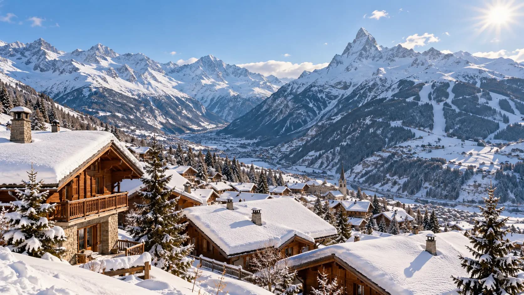 Photorealistic illustrative Swiss Valais mountain village in winter, not a photograph of Verbier