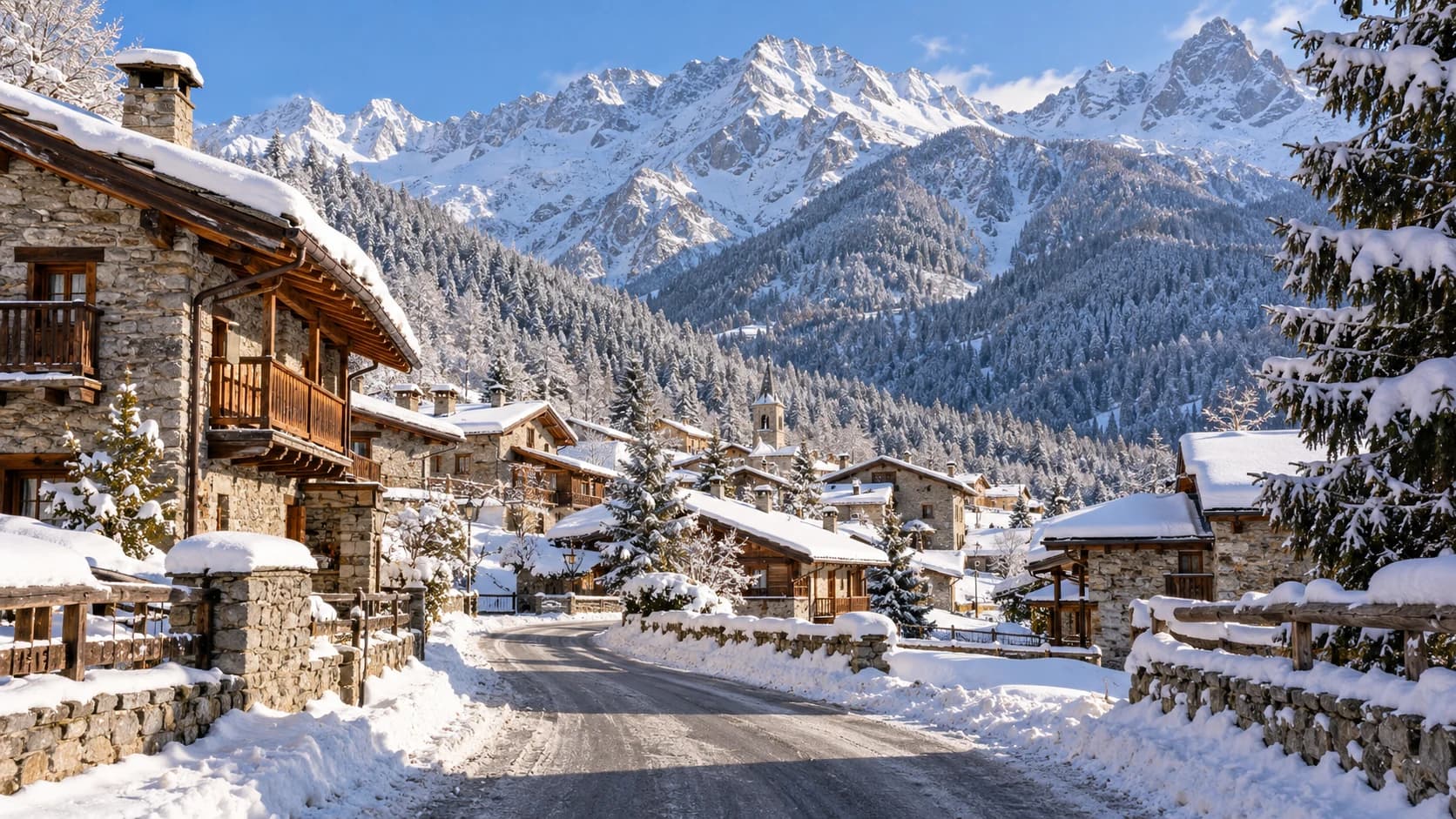 Photorealistic illustrative Alpine winter landscape; not a documentary photograph of Cervinia